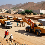 **Construction Site in Eritrea:** A bustling construction site in Eritrea, showing infrastructure development like roads or a port. Focus on a mix of Chinese and Eritrean workers collaborating, with modern equipment against a backdrop of the Eritrean landscape. Consider a slightly dusty, sunny environment.