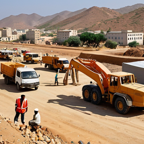 **Construction Site in Eritrea:** A bustling construction site in Eritrea, showing infrastructure development like roads or a port. Focus on a mix of Chinese and Eritrean workers collaborating, with modern equipment against a backdrop of the Eritrean landscape. Consider a slightly dusty, sunny environment.