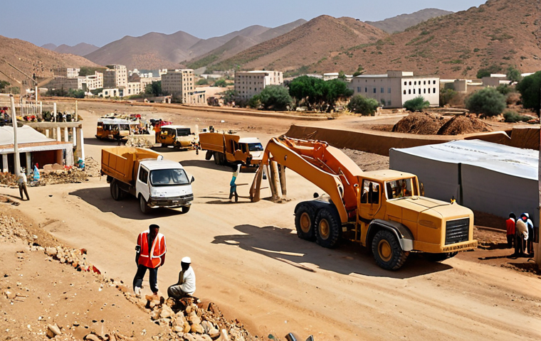**Construction Site in Eritrea:** A bustling construction site in Eritrea, showing infrastructure development like roads or a port. Focus on a mix of Chinese and Eritrean workers collaborating, with modern equipment against a backdrop of the Eritrean landscape. Consider a slightly dusty, sunny environment.