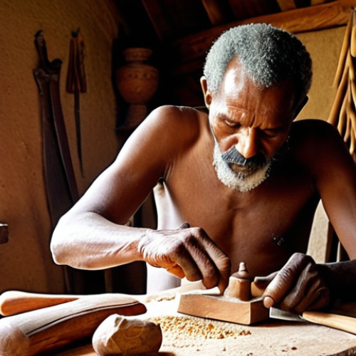 **Prompt 1: The Soul of Eritrean Craftsmanship**
    An elderly Eritrean master wood carver, hands weathered with experience, meticulously shaping a piece of warm, textured olive wood into an intricate African animal totem—perhaps a majestic lion or a graceful giraffe. The scene is set in a rustic, sun-drenched workshop, where traditional handmade tools (chisels, knives) are scattered alongside fine wood shavings. Emphasize the detailed carving lines, the natural grain of the wood, and the profound concentration on the artisan's face, conveying a sense of deep cultural heritage, patience, and the soulful essence of traditional craftsmanship. Warm, earthy tones and soft, natural lighting.