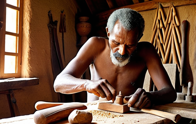 **Prompt 1: The Soul of Eritrean Craftsmanship**
    An elderly Eritrean master wood carver, hands weathered with experience, meticulously shaping a piece of warm, textured olive wood into an intricate African animal totem—perhaps a majestic lion or a graceful giraffe. The scene is set in a rustic, sun-drenched workshop, where traditional handmade tools (chisels, knives) are scattered alongside fine wood shavings. Emphasize the detailed carving lines, the natural grain of the wood, and the profound concentration on the artisan's face, conveying a sense of deep cultural heritage, patience, and the soulful essence of traditional craftsmanship. Warm, earthy tones and soft, natural lighting.