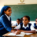 A group of Eritrean school children, dressed in modest, appropriate attire, are eagerly engaged in a lesson inside a simple, naturally lit classroom. A kind, fully clothed female volunteer, professionally dressed, is helping one child read from a new textbook. The children have clear, hopeful eyes, showing their desire to learn. The classroom has a rustic wooden table and a blackboard in the background. The scene depicts a moment of positive impact from international aid, conveying hope and dignity. safe for work, appropriate content, fully clothed, family-friendly, perfect anatomy, correct proportions, natural pose, well-formed hands, proper finger count, natural body proportions, professional photography, high quality.