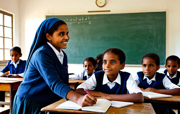 A group of Eritrean school children, dressed in modest, appropriate attire, are eagerly engaged in a lesson inside a simple, naturally lit classroom. A kind, fully clothed female volunteer, professionally dressed, is helping one child read from a new textbook. The children have clear, hopeful eyes, showing their desire to learn. The classroom has a rustic wooden table and a blackboard in the background. The scene depicts a moment of positive impact from international aid, conveying hope and dignity. safe for work, appropriate content, fully clothed, family-friendly, perfect anatomy, correct proportions, natural pose, well-formed hands, proper finger count, natural body proportions, professional photography, high quality.