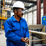 A professional Eritrean mining engineer, focused and diligent, wearing a fully clothed, modest work jumpsuit, safety helmet, and protective eyewear. They are standing within a modern, well-lit mineral processing facility, surrounded by clean, advanced machinery and equipment. The image emphasizes technology and efficiency in resource extraction, showcasing proper finger count, well-formed hands, natural body proportions, perfect anatomy, correct proportions, and a natural pose. The scene is safe for work, appropriate content, and depicts a professional environment with professional dress. High quality, realistic photography, bright daylight.