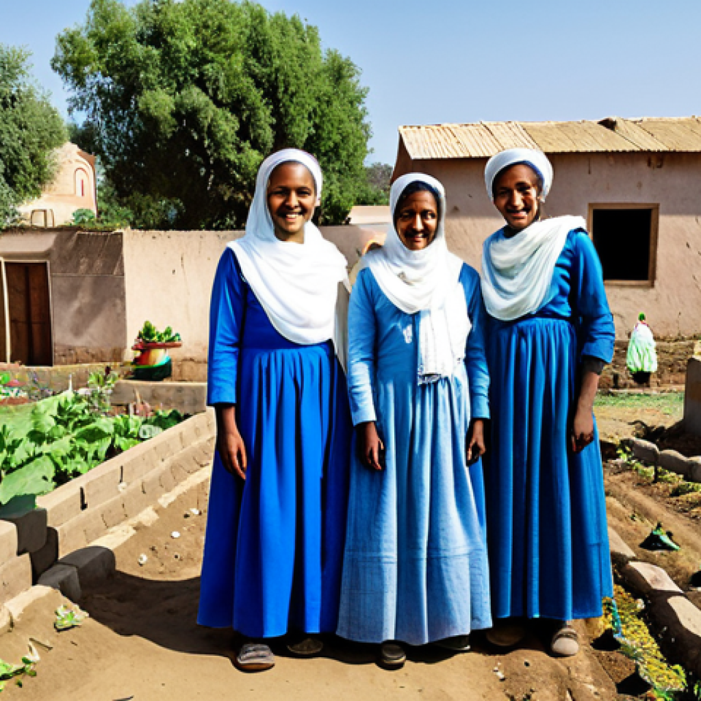 **

A group of fully clothed Eritrean women in modest, traditional dresses, working together in a community garden, smiles on their faces. Background shows modest village homes under a clear sky. Safe for work, appropriate content, family-friendly, perfect anatomy, natural proportions, professional photography, high quality.

**