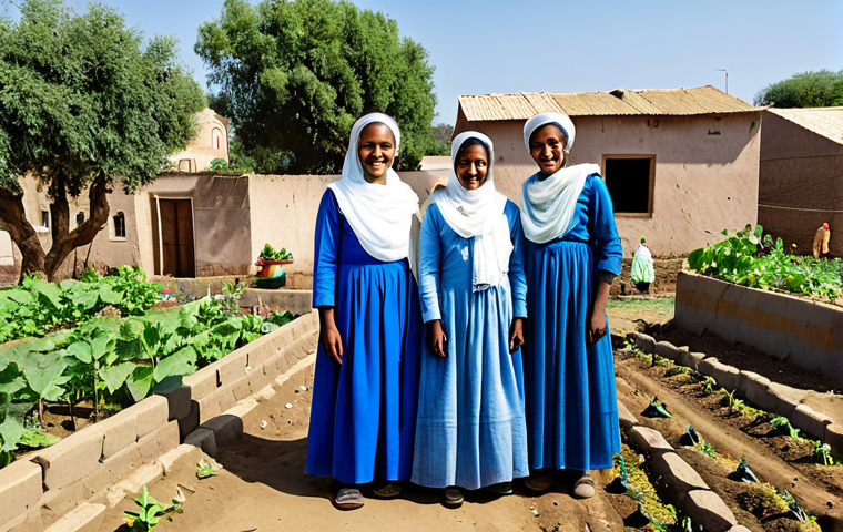 **

A group of fully clothed Eritrean women in modest, traditional dresses, working together in a community garden, smiles on their faces. Background shows modest village homes under a clear sky. Safe for work, appropriate content, family-friendly, perfect anatomy, natural proportions, professional photography, high quality.

**