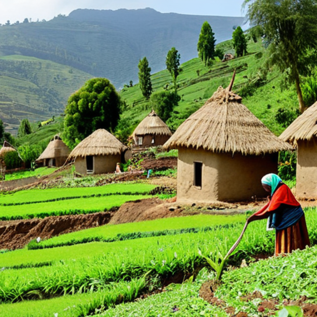 Peaceful Village Scene**

"A vibrant, fully clothed community rebuilding a village in the Ethiopian highlands after years of conflict. Modest homes with thatched roofs are being constructed. People are working together harmoniously, some farming, others building. Lush green landscape in the background. Safe for work, appropriate content, perfect anatomy, correct proportions, natural pose, professional, family-friendly, well-formed hands, proper finger count, natural body proportions."

**