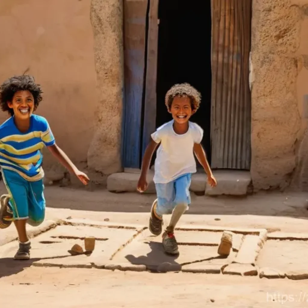 에리트레아에서 인기 있는 게임 - **Prompt:** A group of cheerful Eritrean children, aged 6-12, energetically playing "Shede" (hopscot...