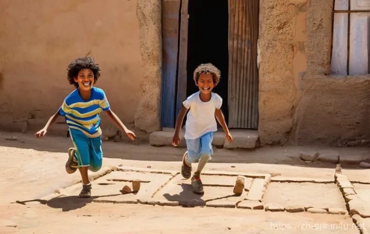 에리트레아에서 인기 있는 게임 - **Prompt:** A group of cheerful Eritrean children, aged 6-12, energetically playing "Shede" (hopscot...