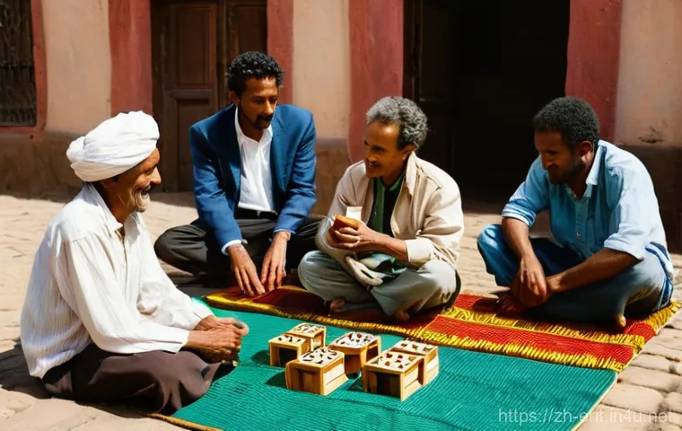 에리트레아에서 인기 있는 게임 - **Prompt:** A group of cheerful Eritrean children, aged 6-12, energetically playing "Shede" (hopscot...