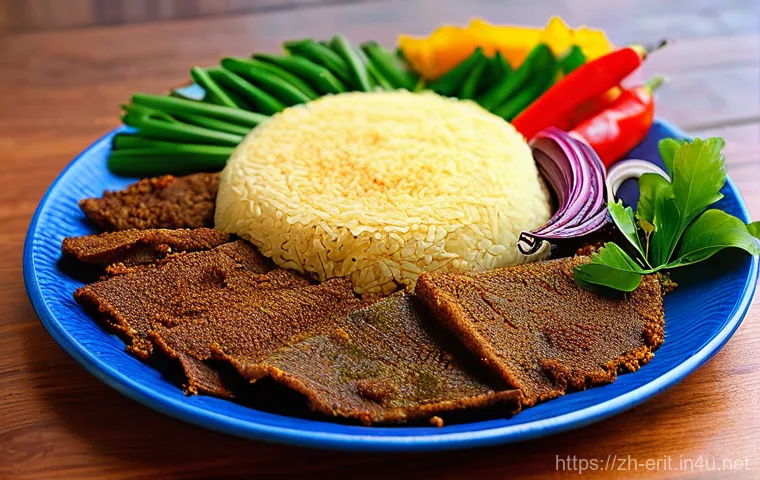 에리트레아의 식습관 - **Prompt 1: The Eritrean "Magic Carpet" Feast**
    A vibrant, eye-level shot of a large, round comm...