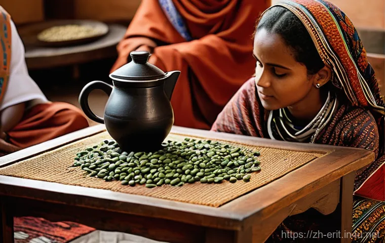 에리트레아의 식습관 - **Prompt 1: The Eritrean "Magic Carpet" Feast**
    A vibrant, eye-level shot of a large, round comm...