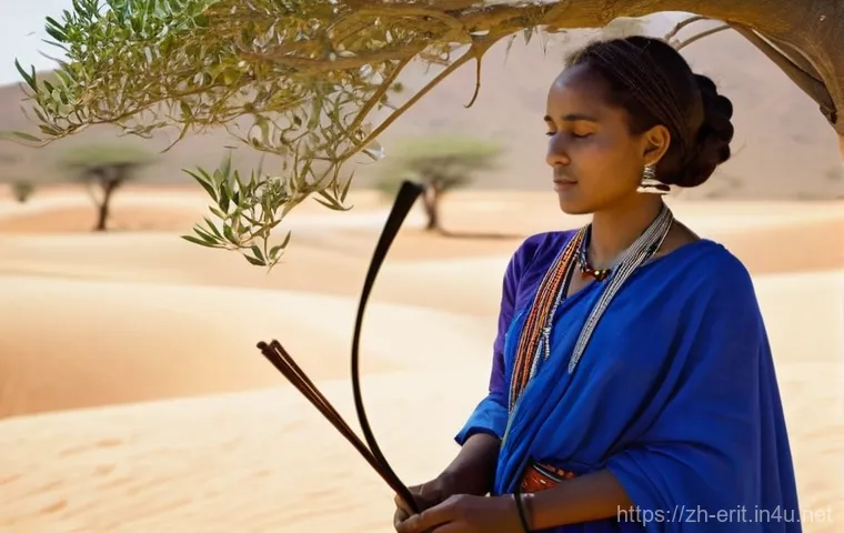 에리트레아 전통 악기 - **Prompt for Krar:**
    "A male Azmari musician, in his late 40s, with a gentle and wise expression...