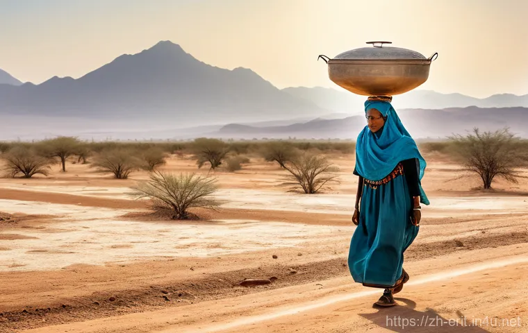 에리트레아의 빈곤 문제 - "A dignified Eritrean woman, approximately 50 years old, is depicted in a full-body shot, walking ac...