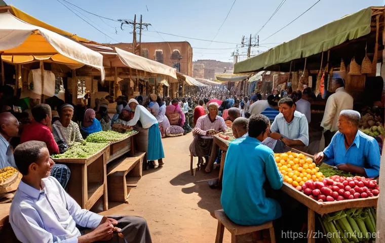 에리트레아의 독립 스토리 - **Prompt:** A bustling, vibrant outdoor market scene in Asmara, Eritrea. The image should capture th...