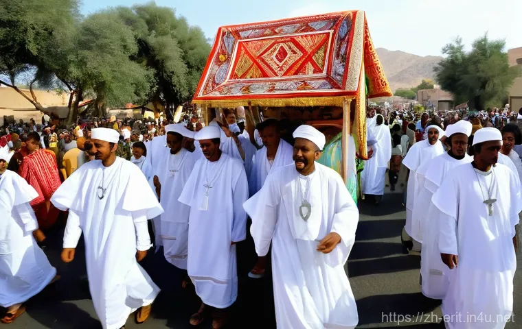 에리트레아의 기독교 문화 - **Prompt 1: Timkat Festival Procession**
    "A vibrant and joyful outdoor procession during the Tim...