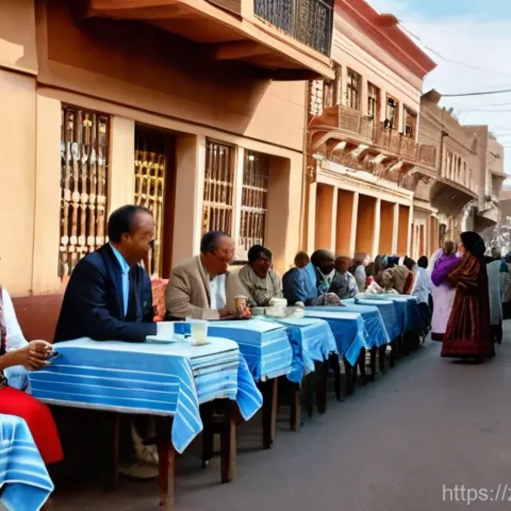 에리트레아 현대 문명과의 갈등 - **Prompt:** A bustling yet serene street scene in Asmara, Eritrea, capturing the city's unique archi...