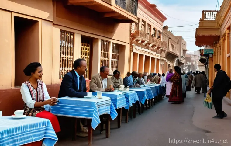 에리트레아 현대 문명과의 갈등 - **Prompt:** A bustling yet serene street scene in Asmara, Eritrea, capturing the city's unique archi...