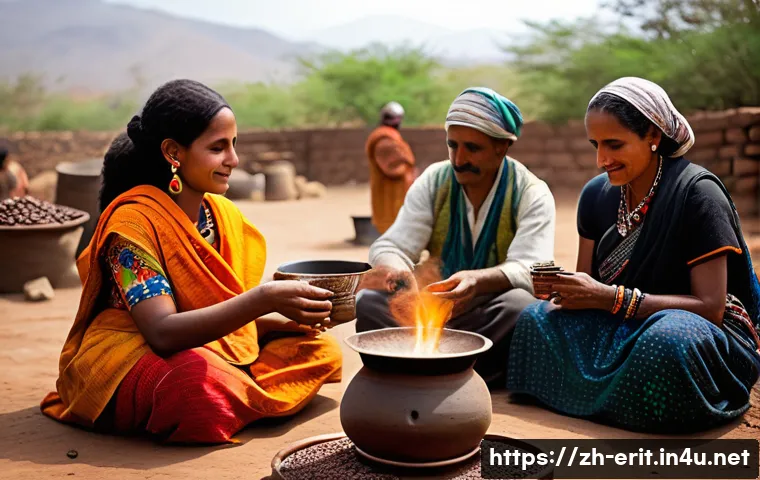 에리트레아의 전통 음료 - A traditional Eritrean coffee ceremony scene featuring a warm, rustic setting with a family gathered...