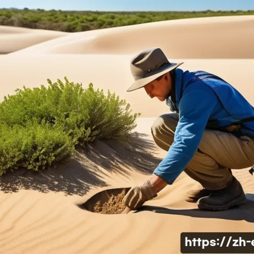 에리트레아 사막 생존법 - A desert survival scene focusing on a hiker digging near a lush green shrub in a low-lying sandy are...