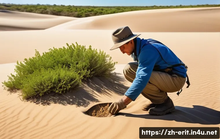 에리트레아 사막 생존법 - A desert survival scene focusing on a hiker digging near a lush green shrub in a low-lying sandy are...