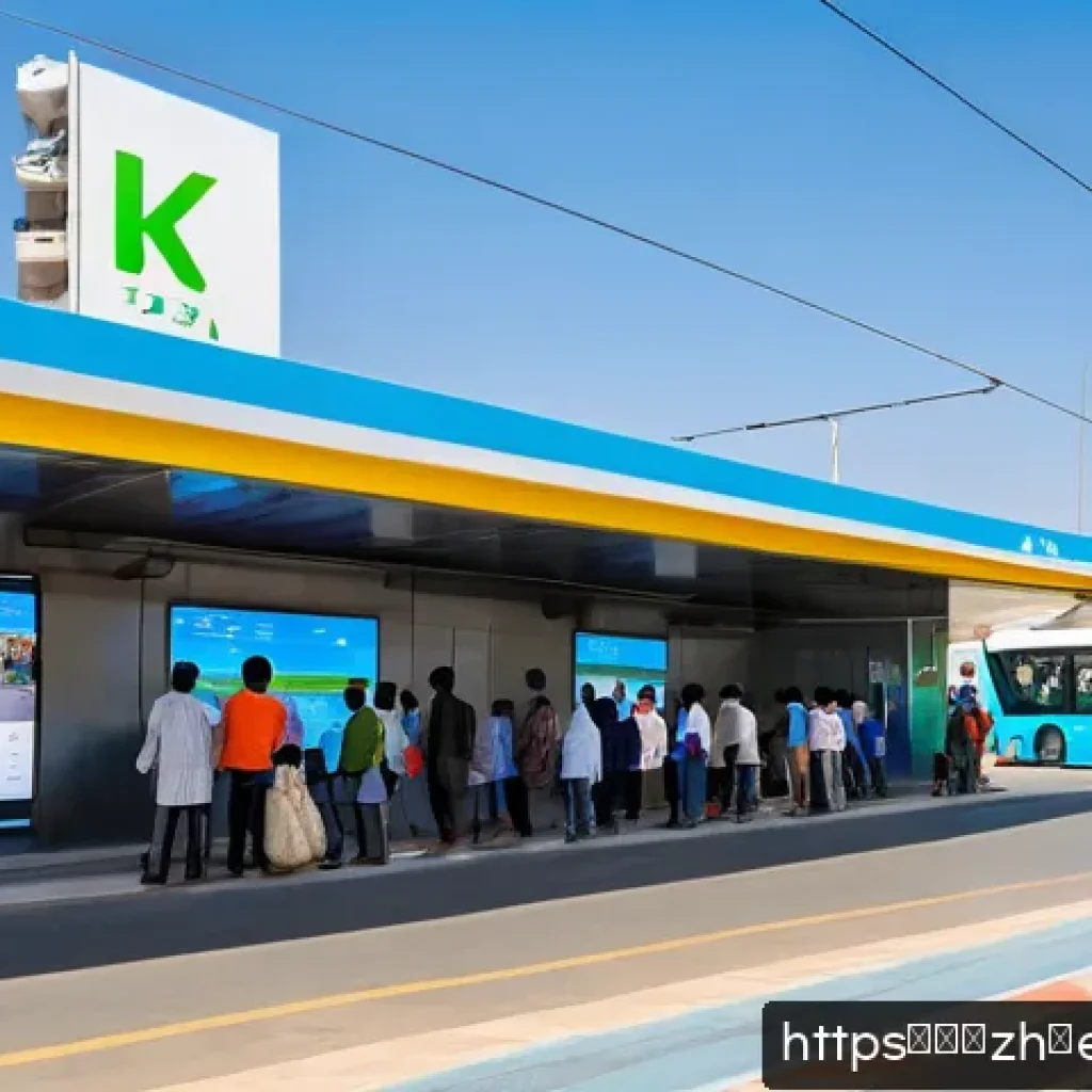 에리트레아 대중교통 시스템 - A modern urban bus station in Asmara, Eritrea, showcasing a bustling scene with diverse passengers w...