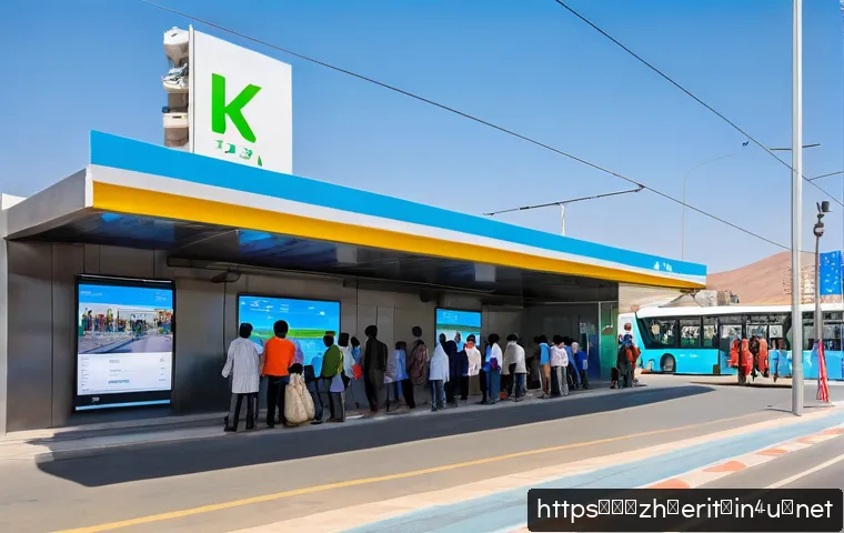 에리트레아 대중교통 시스템 - A modern urban bus station in Asmara, Eritrea, showcasing a bustling scene with diverse passengers w...