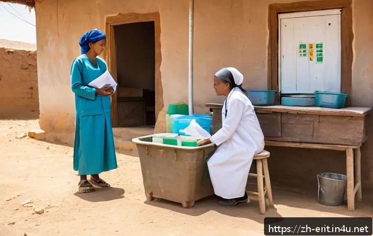 에리트레아의 의료 체계 - A rural healthcare clinic in Eritrea with modest, weathered buildings and minimal medical equipment;...