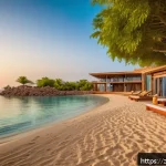 에리트레아 숙박 시설 추천 - A luxurious eco-resort on the Eritrean Red Sea coast at sunrise, featuring modern sustainable archit...