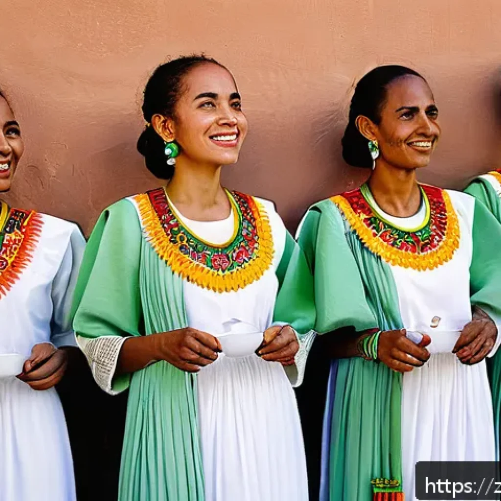 에리트레아의 패션 트렌드 - A group of Eritrean women celebrating a traditional festival, wearing elegant white "zuria" dresses ...