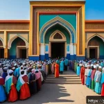 에리트레아의 종교적 갈등 - A detailed scene depicting a diverse Eritrean community gathering peacefully in a vibrant urban neig...