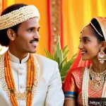 에리트레아의 전통 결혼식 - A vibrant Eritrean wedding scene featuring a bride and groom in traditional attire: the bride wears ...