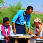 에리트레아 NGO 활동 - A vibrant rural community meeting in Eritrea, featuring diverse local residents gathered outdoors ar...