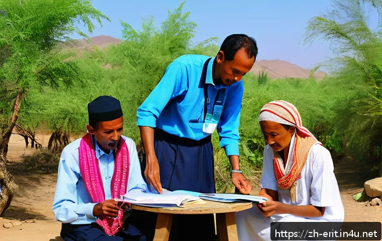 에리트레아 NGO 활동 - A vibrant rural community meeting in Eritrea, featuring diverse local residents gathered outdoors ar...