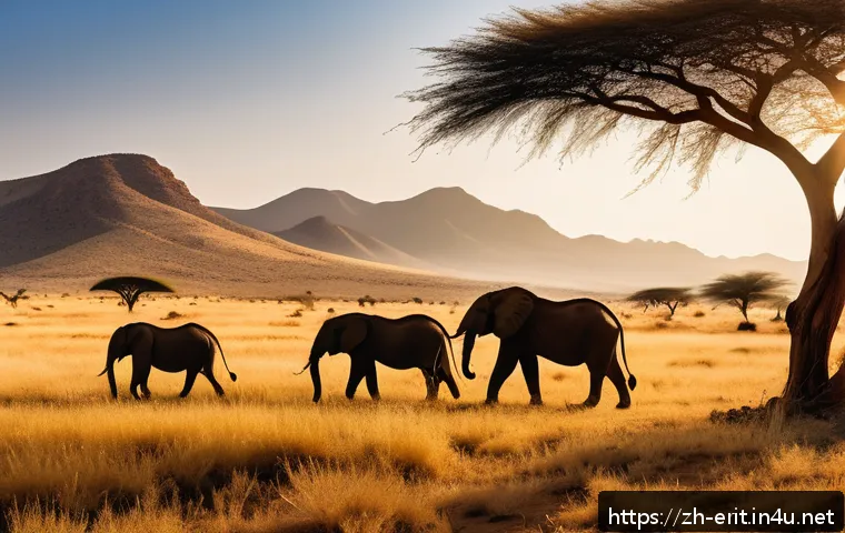 에리트레아에서 사파리 체험 - A breathtaking panoramic scene of Eritrean grasslands at golden hour, showcasing a diverse group of ...