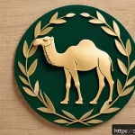 에리트레아의 독특한 상징물 - A detailed emblem design featuring a majestic camel surrounded by an olive branch wreath, symbolizin...