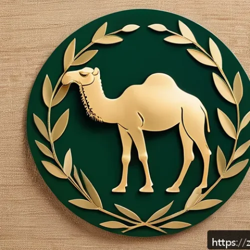에리트레아의 독특한 상징물 - A detailed emblem design featuring a majestic camel surrounded by an olive branch wreath, symbolizin...