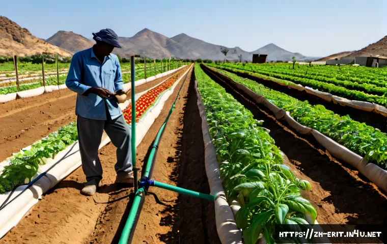 에리트레아 농업 기술 - Photorealistic Eritrean smallholder farm using modern drip irrigation technology, an East African fa...