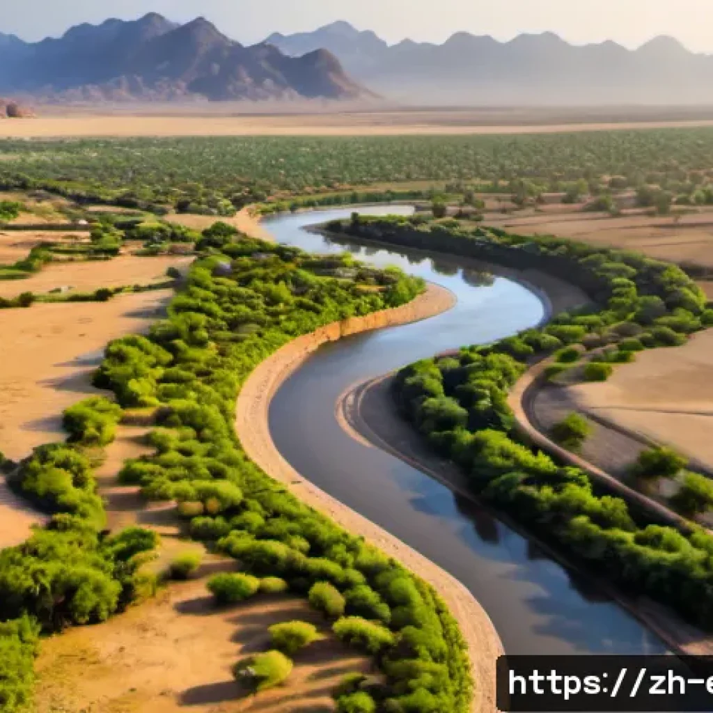 에리트레아의 대표 강 - Photorealistic aerial view of the Gash River flowing through western Eritrea near Kassala, a broad s...