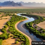 에리트레아의 대표 강 - Photorealistic aerial view of the Gash River flowing through western Eritrea near Kassala, a broad s...