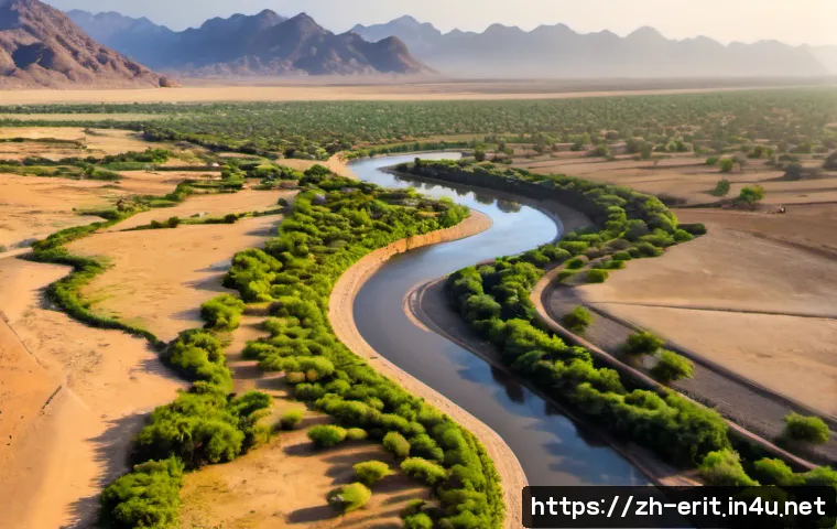 에리트레아의 대표 강 - Photorealistic aerial view of the Gash River flowing through western Eritrea near Kassala, a broad s...