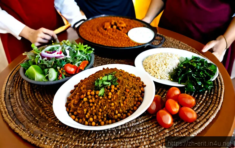 에리트레아의 명절 음식 - Photorealistic Eritrean holiday feast on a woven dining table, large platter of soft injera topped w...